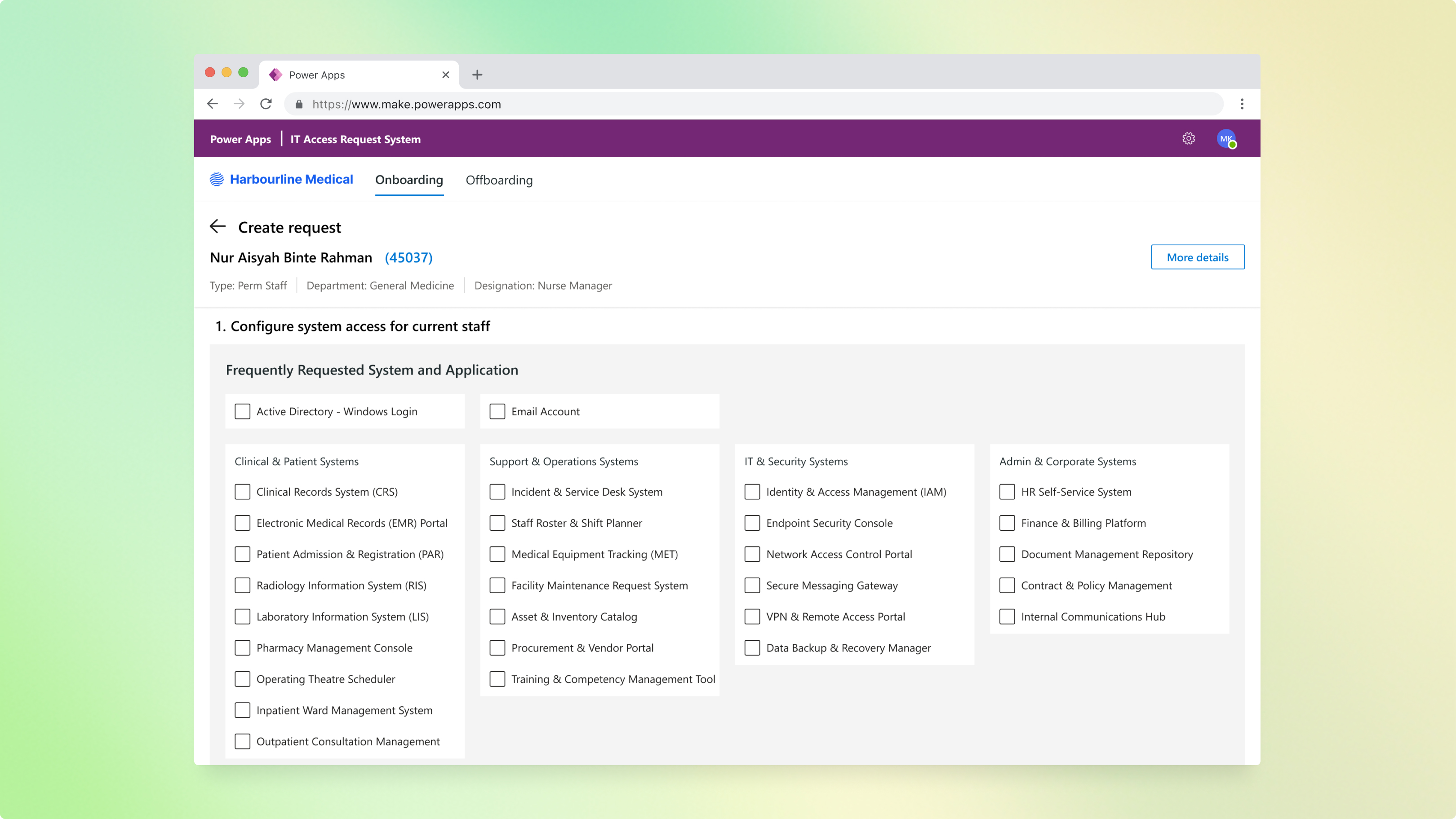 UI mockup of IT Access Request System