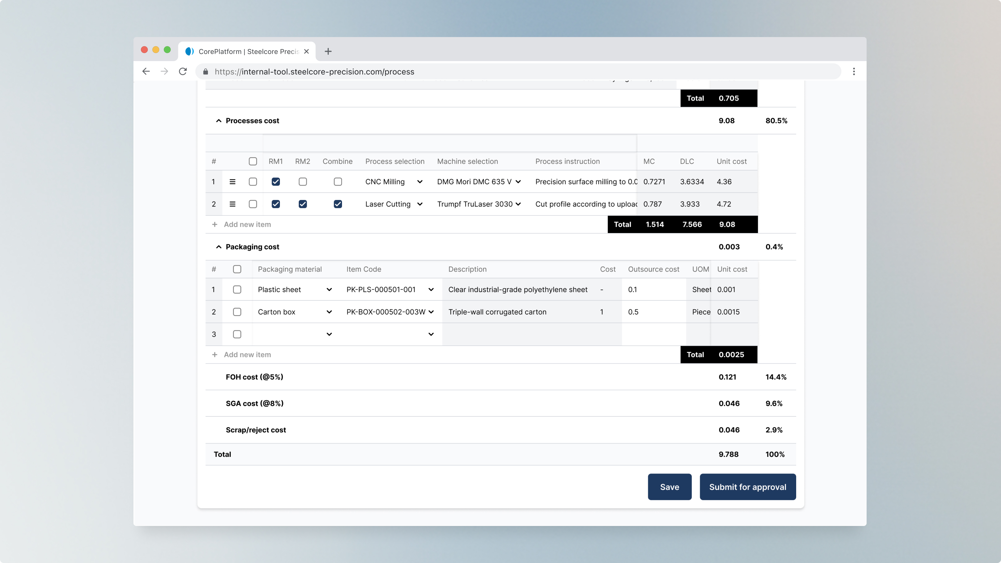 UI mockup of Quotation & Manufacturing Process System