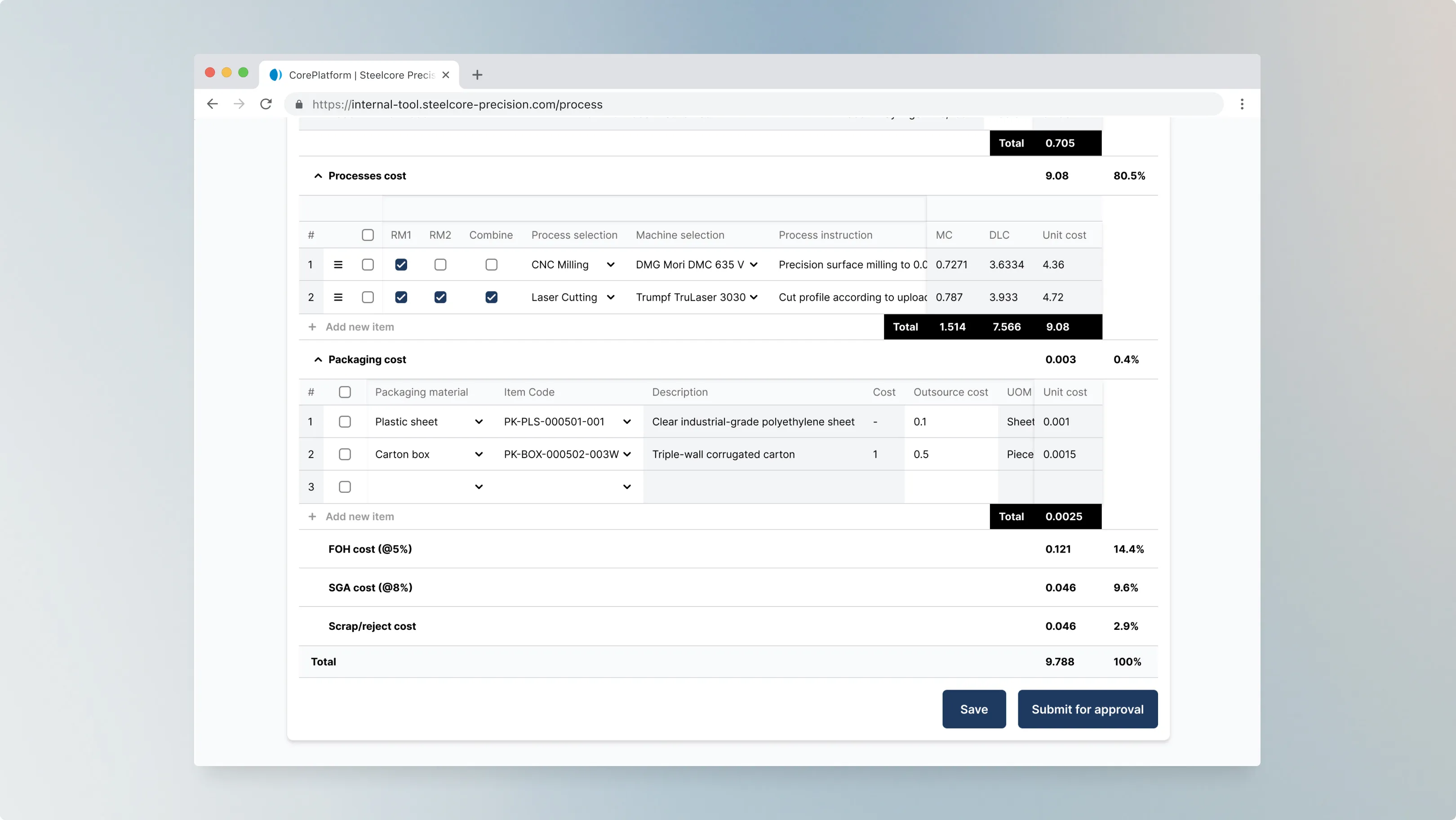 UI mockup of Quotation & Manufacturing Process System